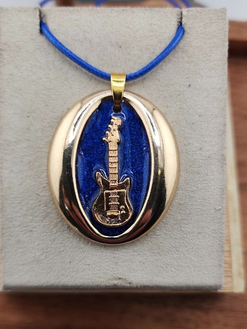 Gold Guitar Pendant Necklace with Blue Inlay - Men's Jewelry